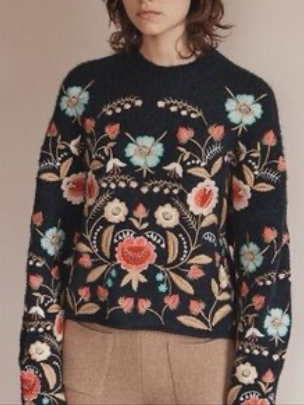 Aratta Silent Journey Embroidered Floral Crewneck Sweater Navy Blue Small
